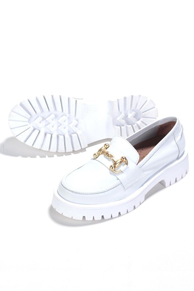 White Genuine Leather High Sole Loafer Women's Shoes