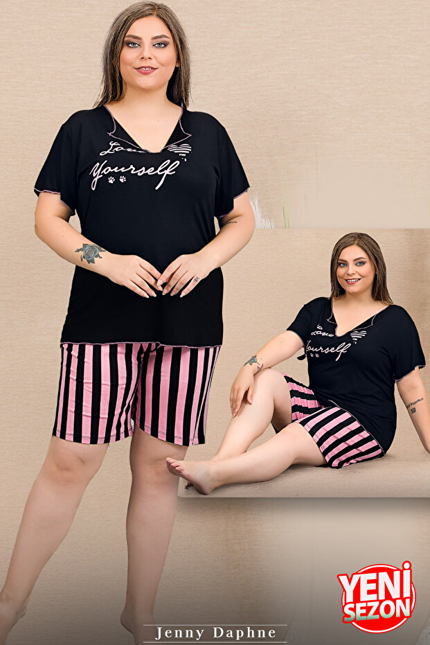 Lady Plus Size Striped Short-Sleeved V-Neck Printed Shorts Pajama Suit 10427