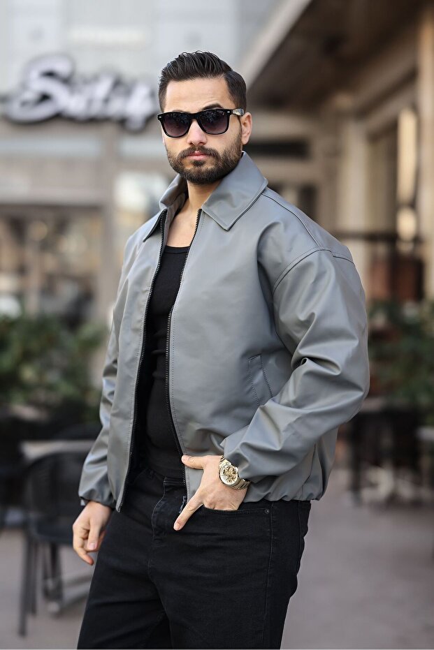 oversize lastikli deri ceket