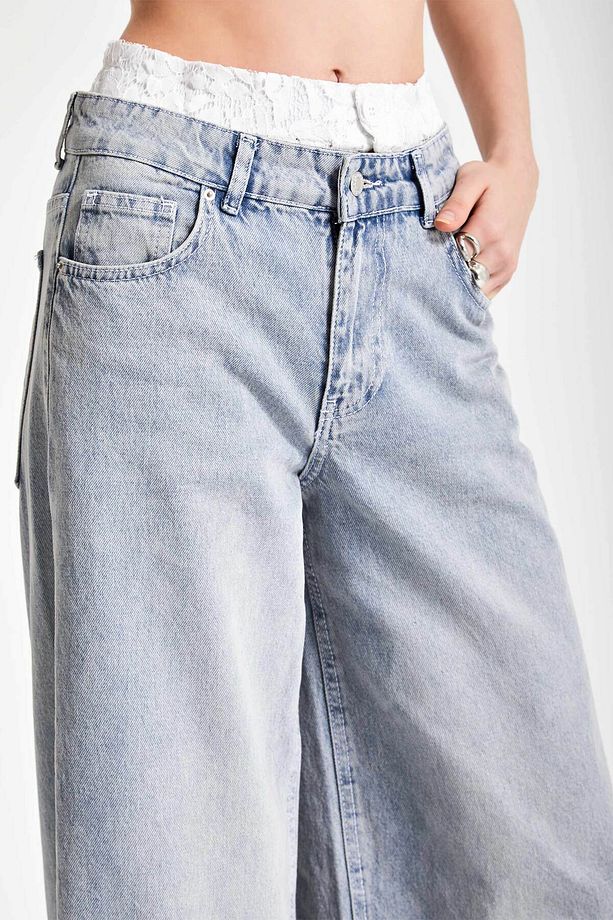Kadın Kot Rengi 2S532 Dantelli Boxer Detaylı Palazzo Fit Denim - 4