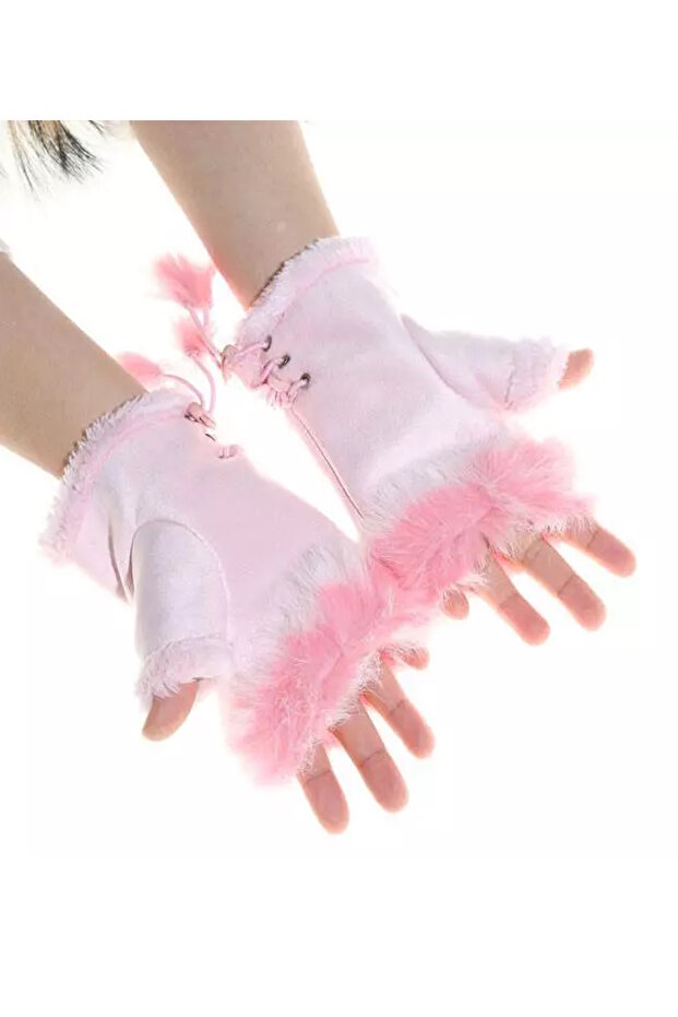 Pink Color Plush Detailed Cut Out Gloves