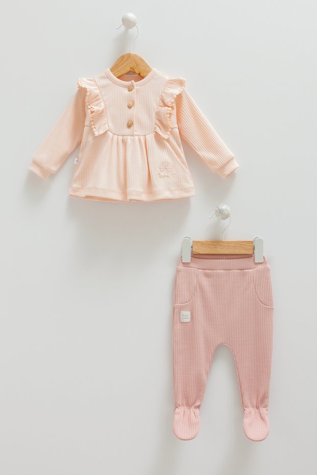 Girl's baby set 100% cotton with ruffle detail (1-3, 3-6 months with booties, 6-9, 9-12 months without booties)