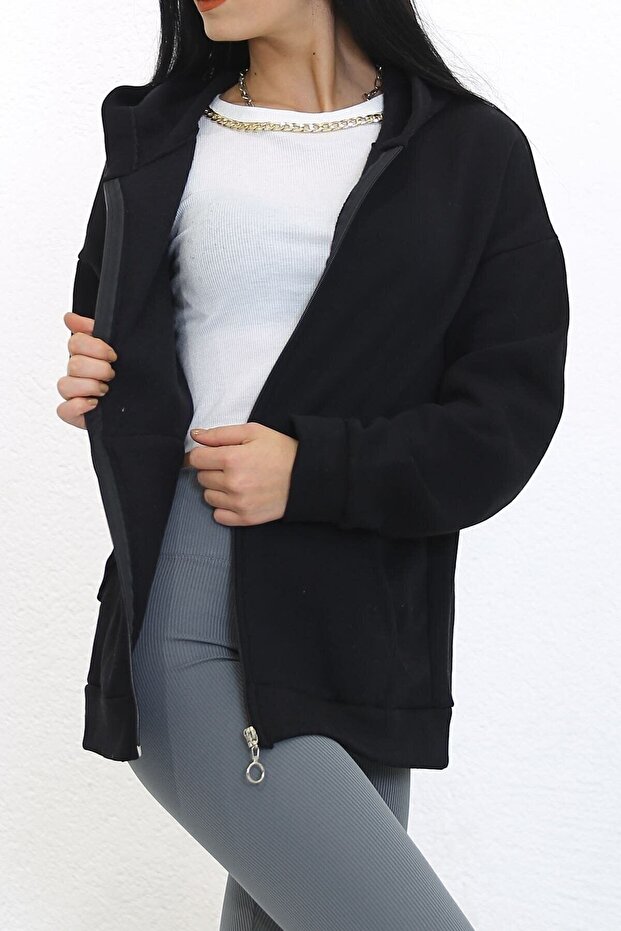 Kapüşonlu Fermuarlı Sweat Siyah - 5