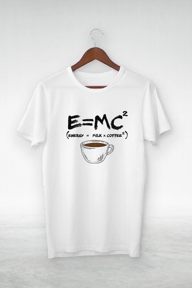 Vtshirt أبيض - للجنسين - E=mc رسم توضيحي للقهوة - Y-060