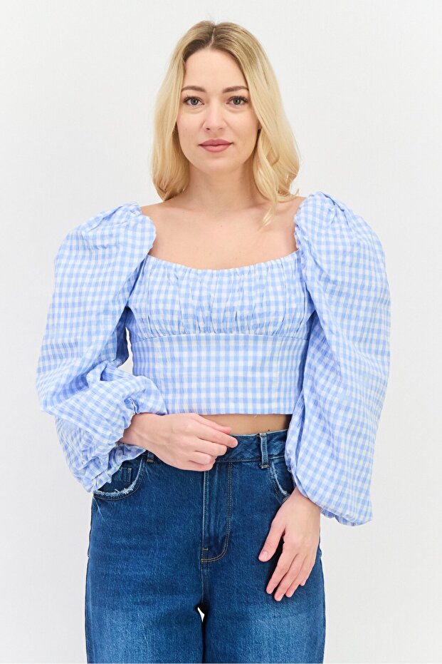Women Square Neck Balloon Sleeves Gingham Crop Top, Light Blue