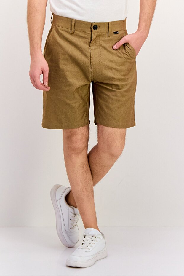Men Textured Basic Shorts, Tan - 1