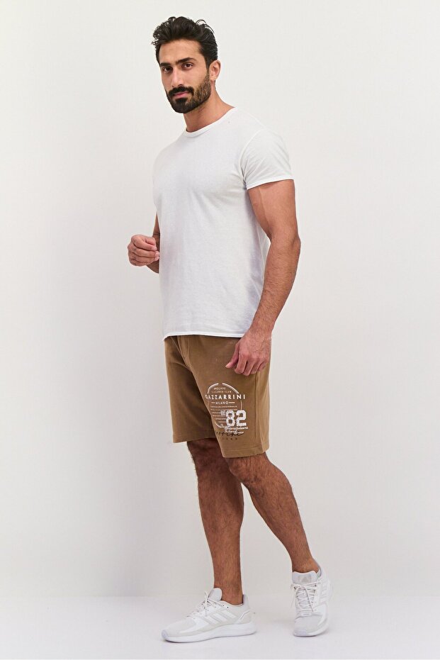 Men Drawstring Graphic Print Basic Shorts, Brown - 4