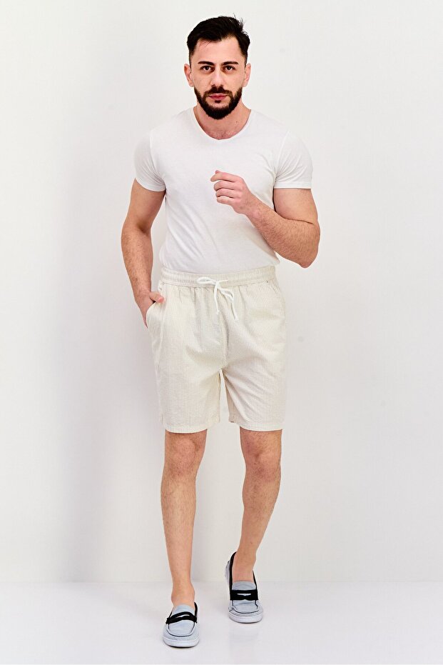Men Striped Basic Shorts, Beige - 4