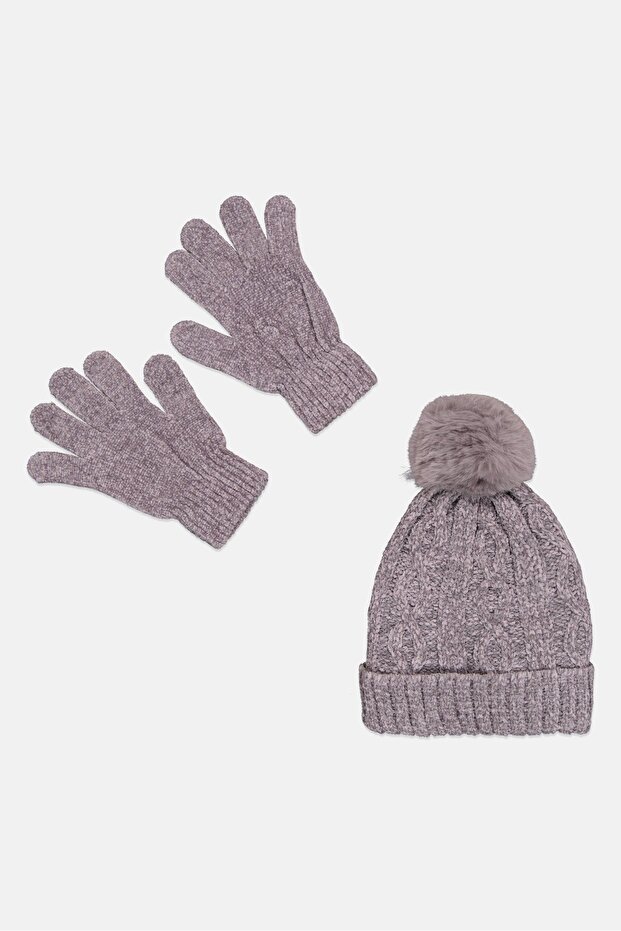 Women 2Pcs Cable Knit Beanie And Gloves Set, Grey