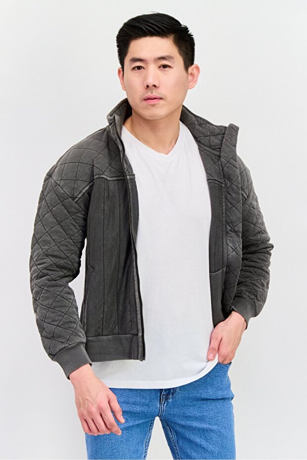 جاكيت رجالي من الجلد الناعم بنقشة ماسية، رمادي غامق - 1