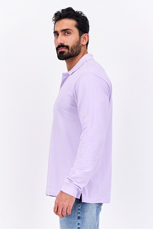 Men Regular Fit Solid Full Sleeves Polo, Lilac - 4
