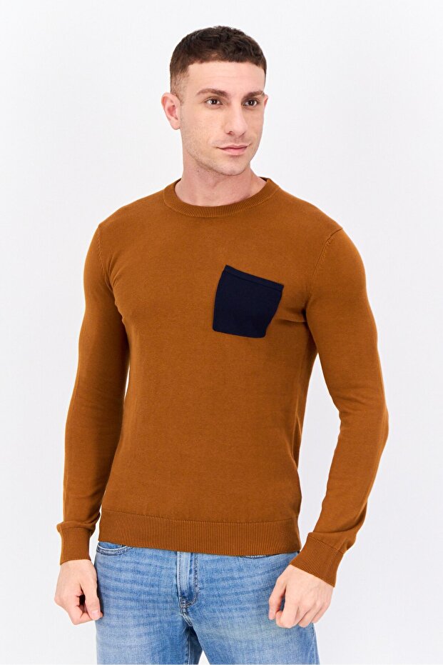 Men Crew Neck Long Sleeves Knitted Sweater, Brown