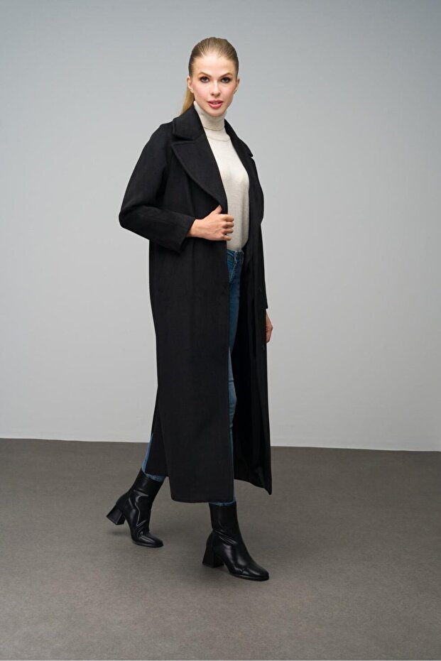Reglan Sleeve Snap Closure Maxi Coat Black 3063-Y