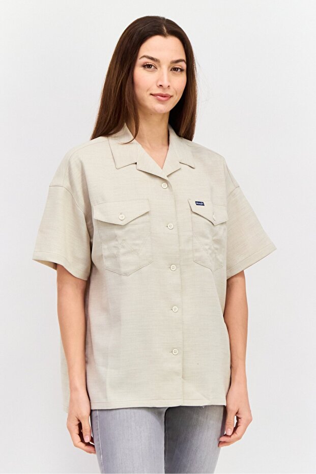 Women Regular Fit Solid Short Sleeves Casual Shirt, Beige