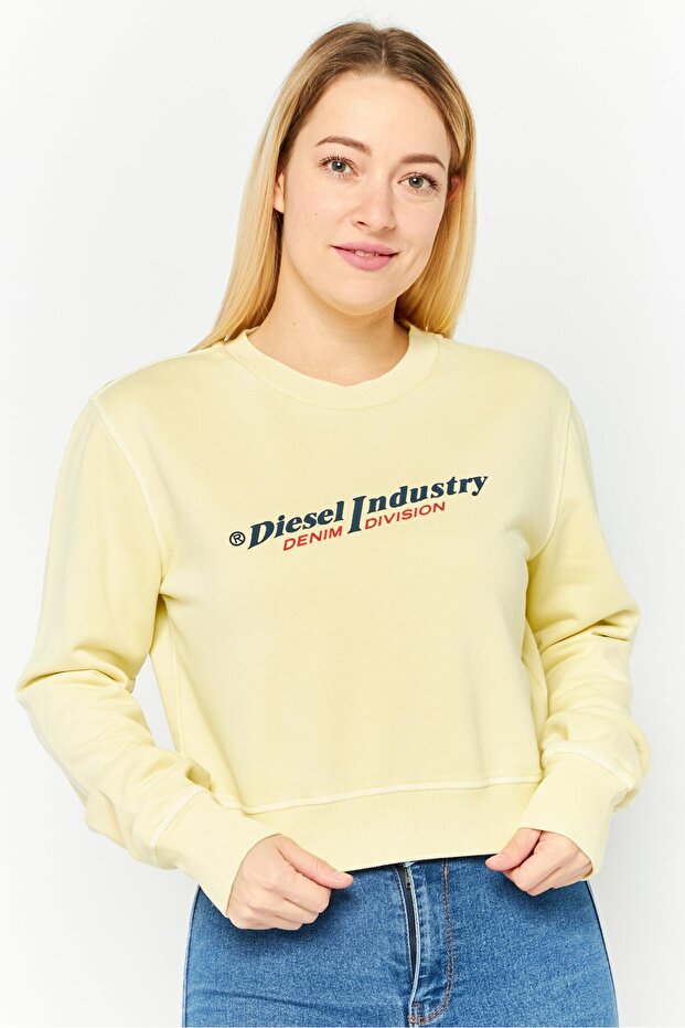 Women Ribbed Neck Long Sleeves Brad Logo Sweatshirt, Pale Yellow