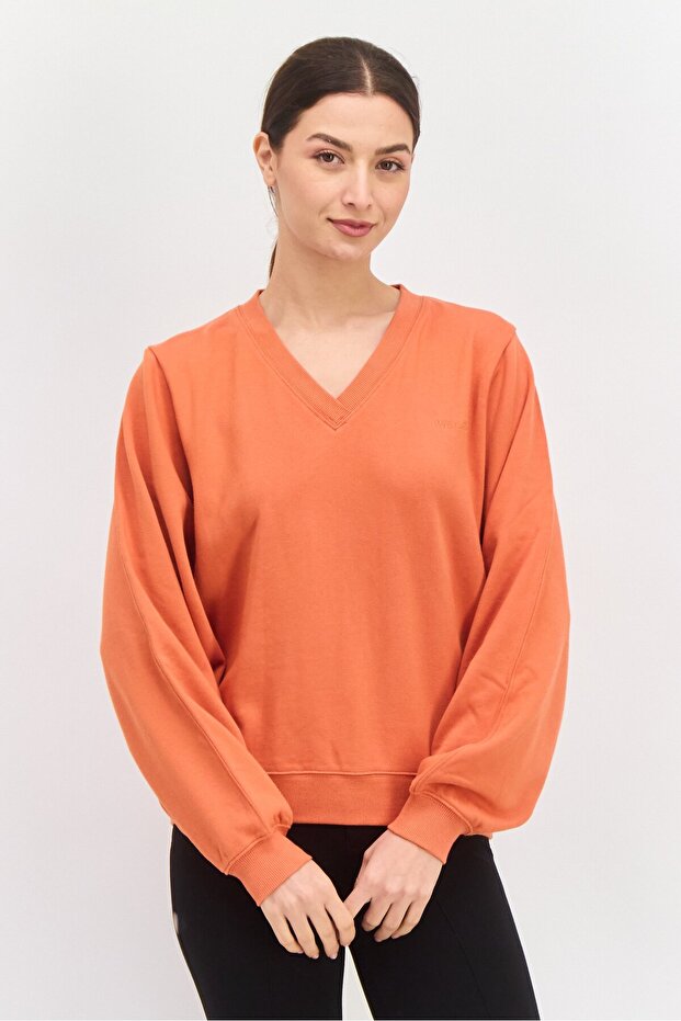 Women V Neck Embroidered Logo Long Sleeves Sweatshirt, Orange