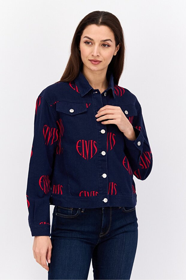 Women Printed Jacket Shirt, Navy
