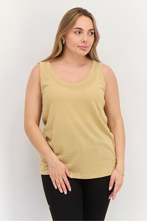 Women Scoop Neck Sleeveless Metallic Tank Top, Beige