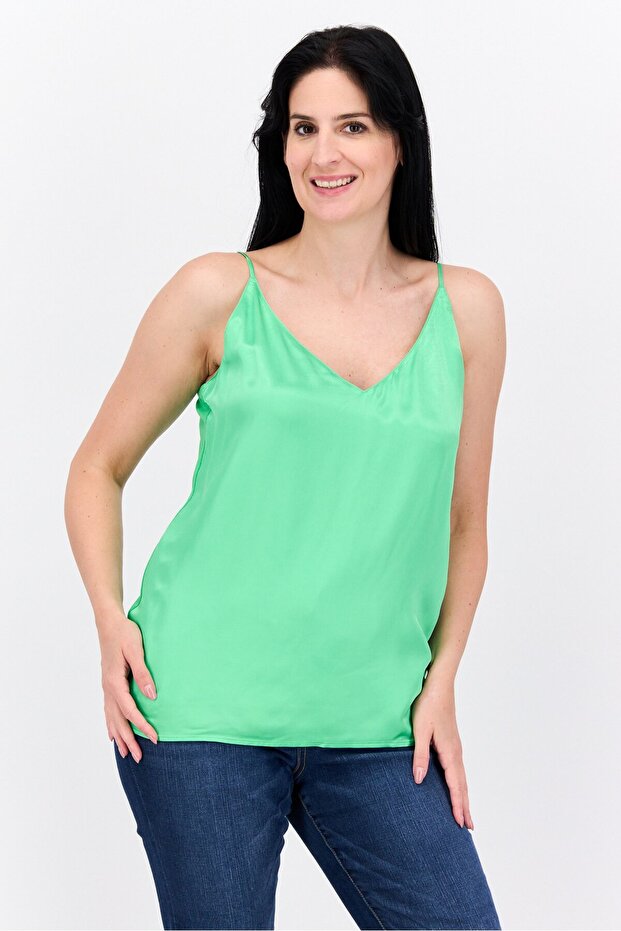 Women V Neck Sleeveless Plain Top, Green