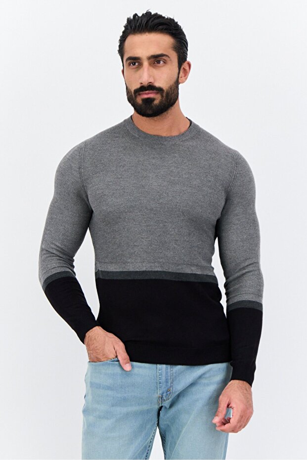 Men Crew Neck Long Sleeve Two-Tone Sweater, Grey