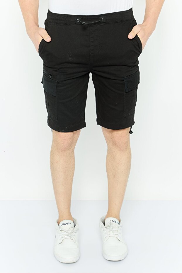 Men Plain Cargo Shorts, Black - 1