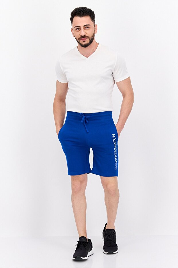 Men Drawstring Brand Logo Basic Shorts, Blue - 4