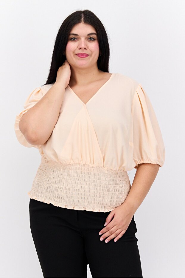 Women Plus Size Puffed Sleeves Plain Blouse, Peach