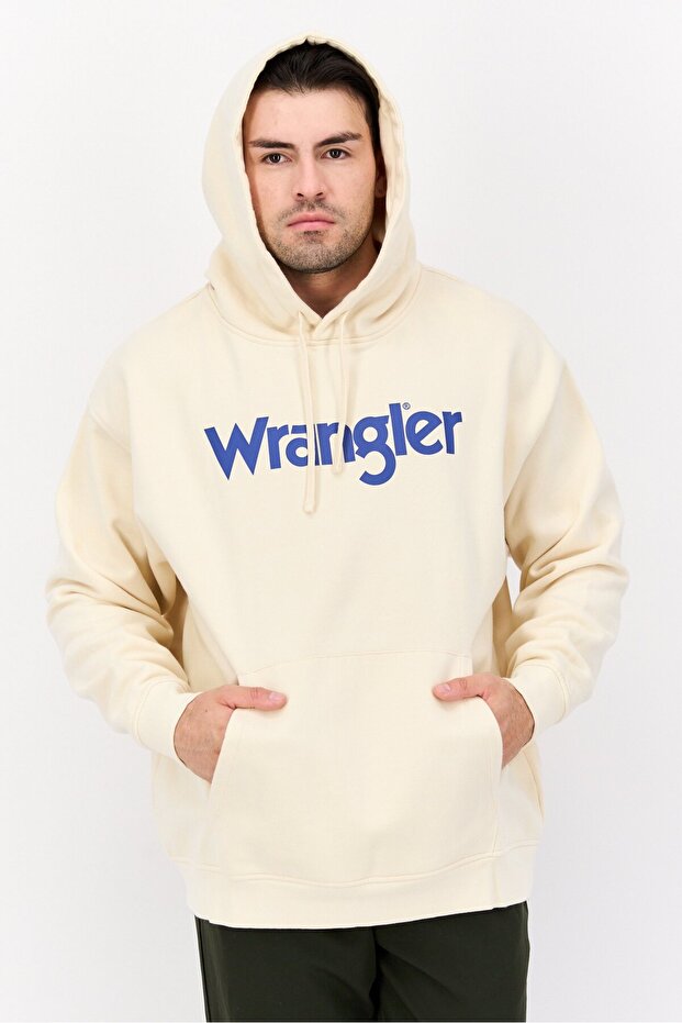 Men Hood Graphic Print Long Sleeves Sweatshirt, Beige