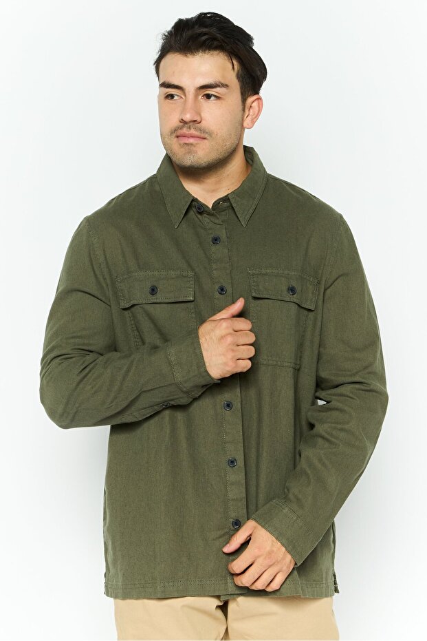 Men Regular Fit Solid Long Sleeves Casual Shirt, Khaki