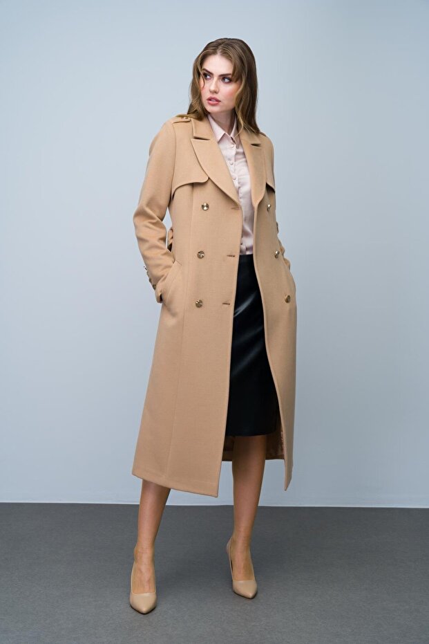 Double-Breasted Mid-Length Cashmere Coat with Epaulet and Cape Detail Biscuit 3006