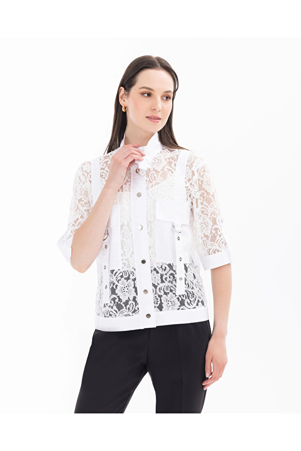 Kısa Kollu Dantel Ceket - 3