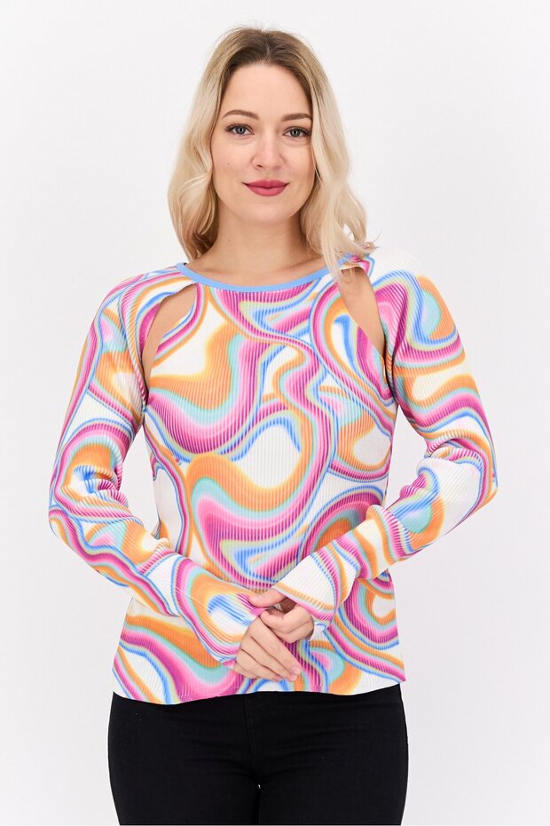 Design Women Round Neck Long Sleeve Abstract Print Top, Multicolor