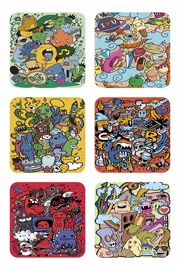 Colorful Doodle Art Fun Pop Art Illustrations Set of 6 Wooden Coasters