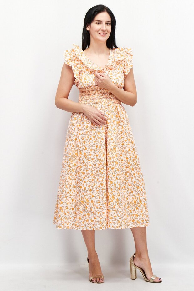 Women Floral Midi Dress, Orange