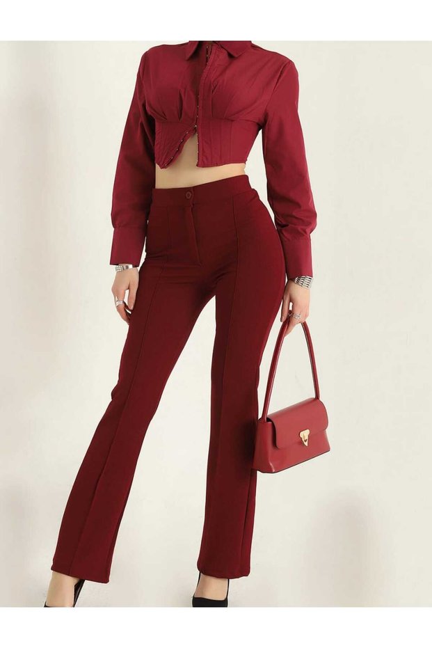 Women's Crepe Fabric Lycra Front Grassy High Waist Palazzo Pants-Burgundy