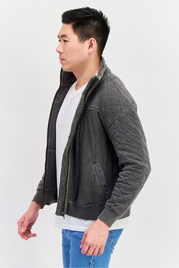 جاكيت رجالي من الجلد الناعم بنقشة ماسية، رمادي غامق - 2