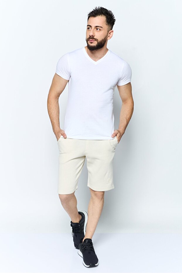 شورت رجالي أساسي برباط وشعار العلامة التجارية، بيج - 4