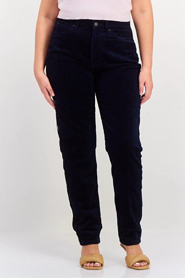 Women Mom Fit Textured Corduroy Pants, Navy Blue