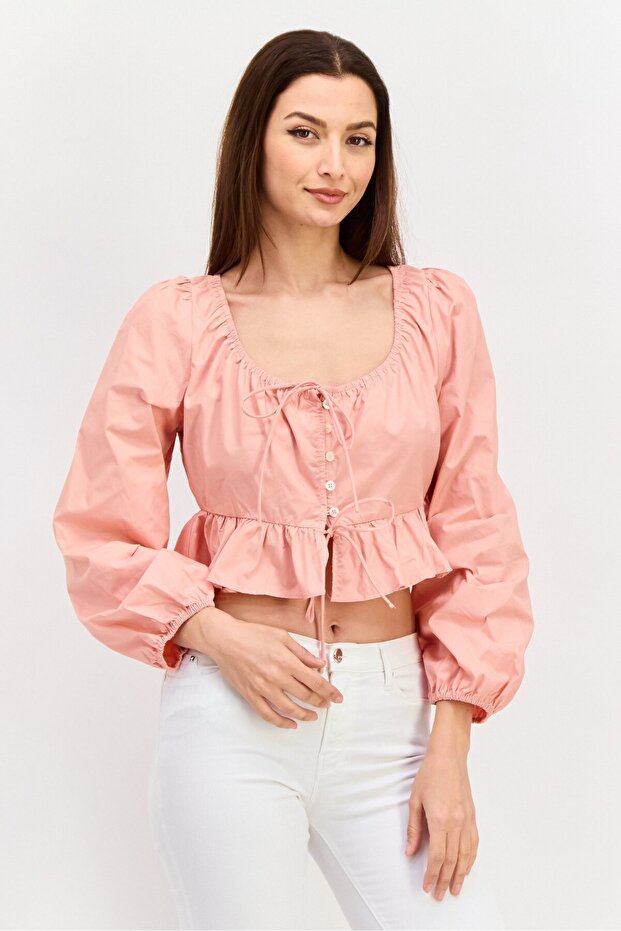Women Tie Neck Long Sleeve Plain Crop Top, Pink