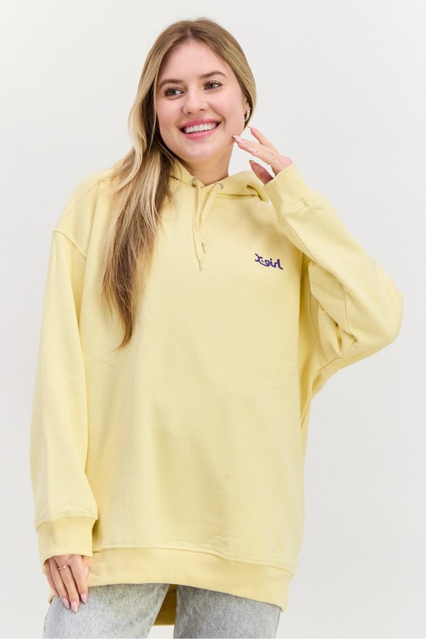 Women Hood With Drawstring Long Sleeve Brand Logo Sweatshirts, Yellow