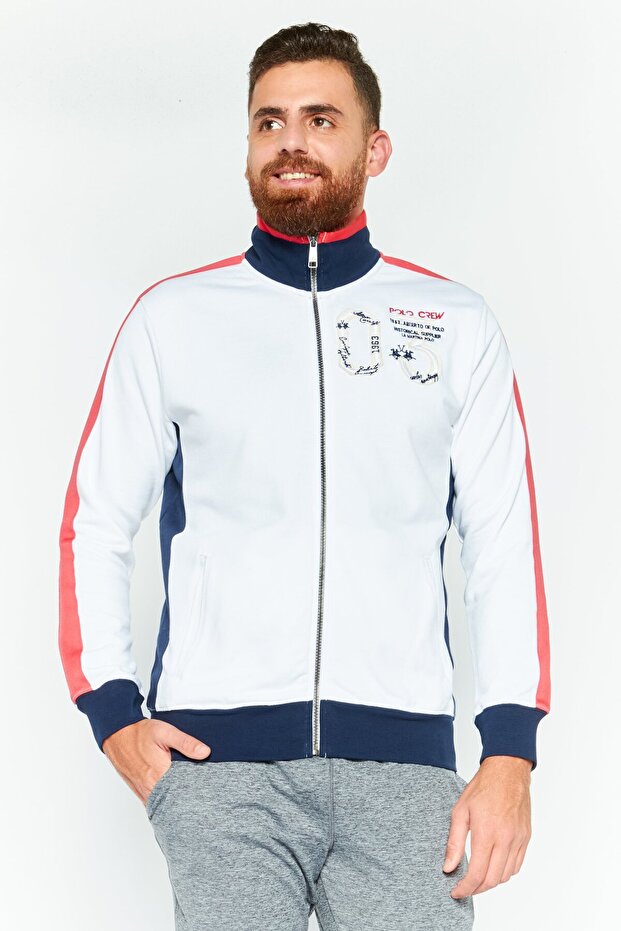 Men Mock Neck Brand Logo Long Sleeves Full zip Sweatshirt, White