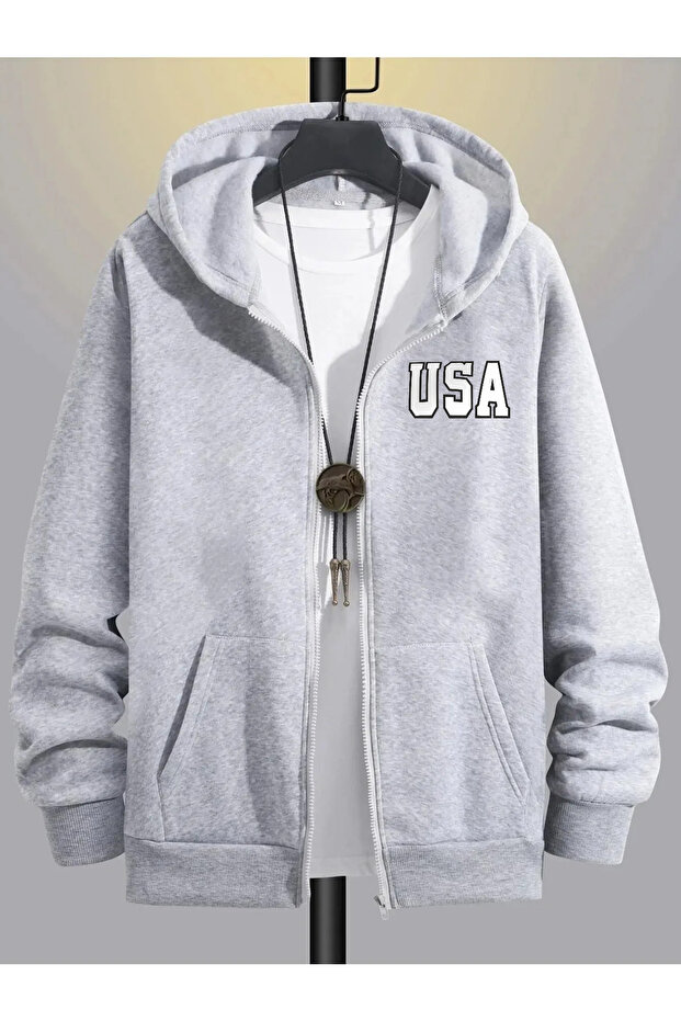 Usa Printed Zippered Hooded Sweatshirt Cardigan