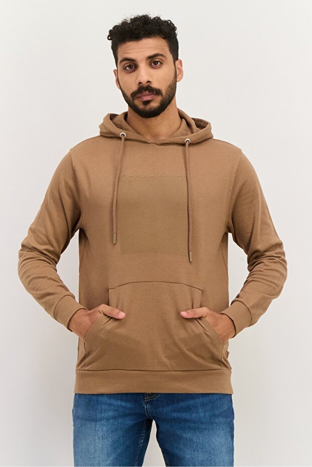 Men Hooded Brand Logo Long Sleeves Sweatshirt, Brown