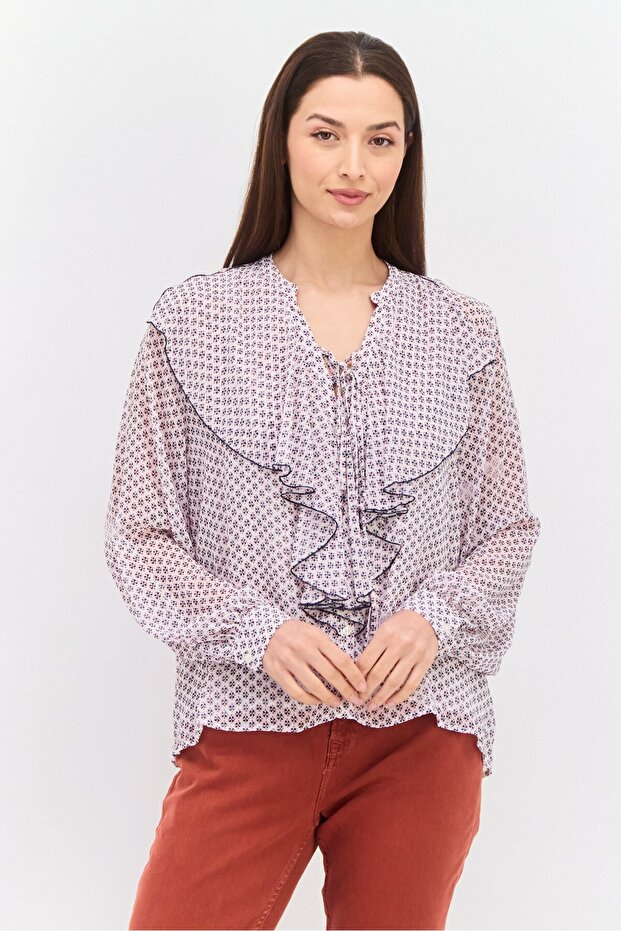 Women Tie Neck Long Sleeve Allover Print Blouse, White Combo