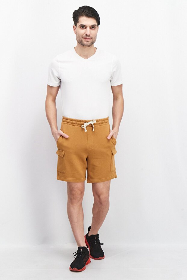 Men Plain Drawstring Basic Shorts, Camel - 2