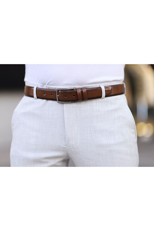 Brown Leather Men's Belt Metal Buckle Classic Fabric Trouser Belt 3.5 cm