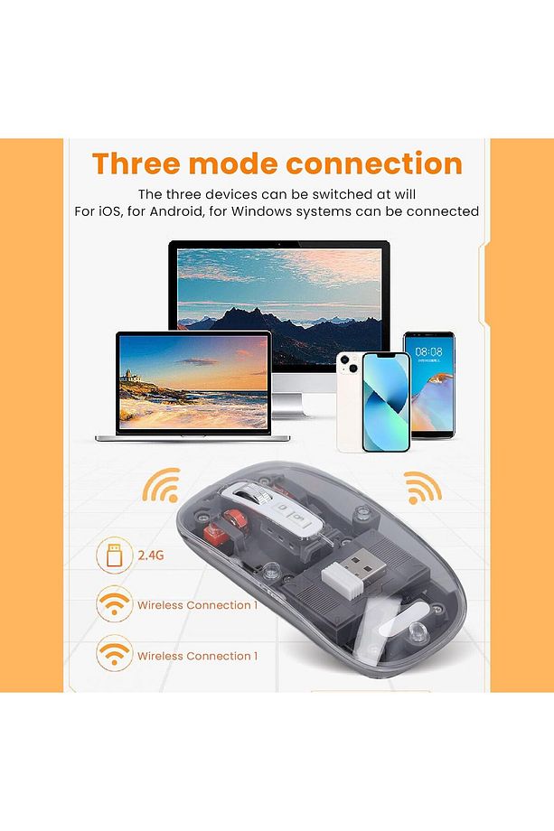 Şeffaf Kablosuz Mouse Sessiz Tuş 3 DPI Modu Çift Bağlantı Ergonomik 180 Saat Kullanım - 1