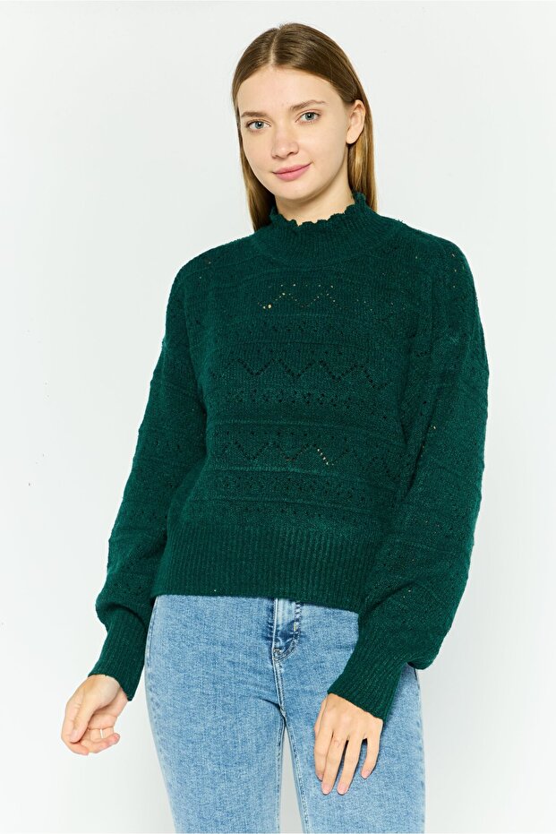 Women Mock Neck Knitted Sweater, Green