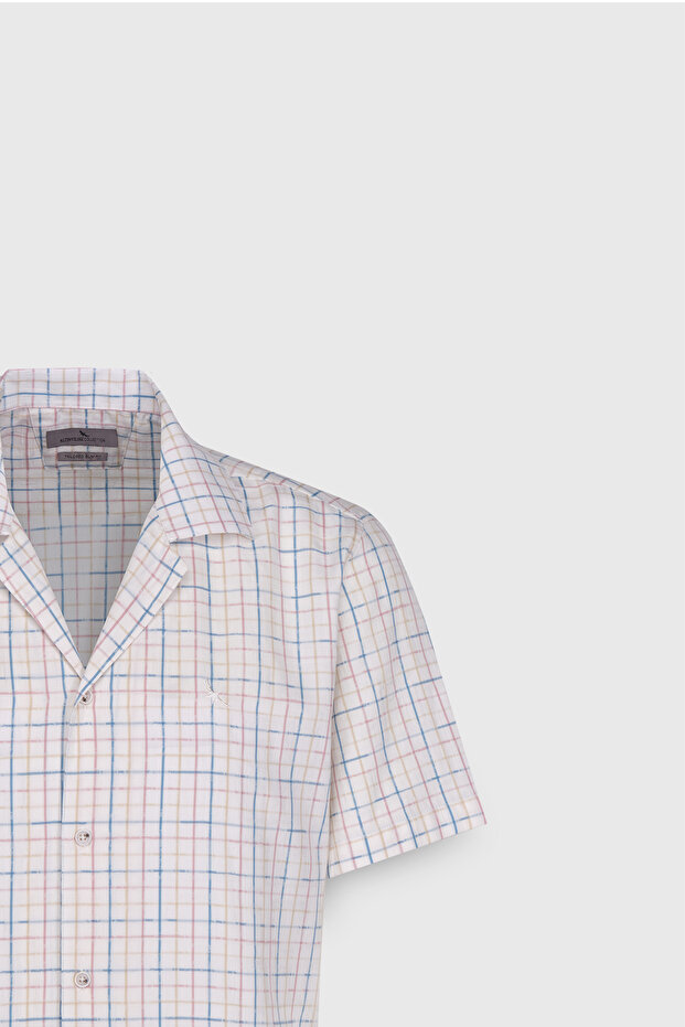 Erkek Ekru-Mavi Slim Fit Dar Kesim %100 Pamuk Kuba Yaka Çizgili Gömlek - 3