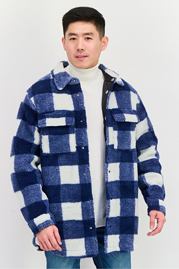 Men Oversized Check Print Softshell Jacket, Navy - 1